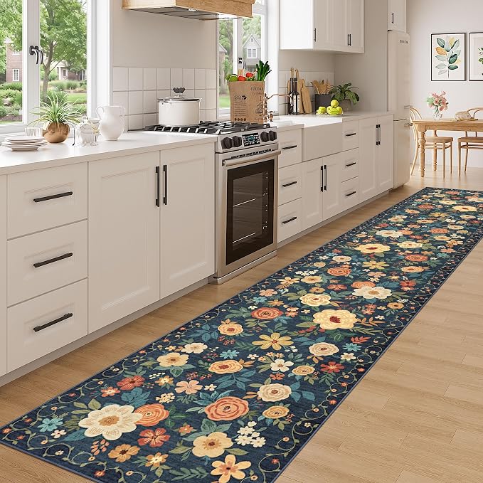 DUKINO 3x16 Runner Rug for Hallway, Non Slip Long Washable Rug, Navy Blue | Non Slip, Low Pile, Soft Floral Indoor Runner Rug for Kitchen, Entryway, Bedroom, Bathroom, Pet Friendly, Modern Home Decor