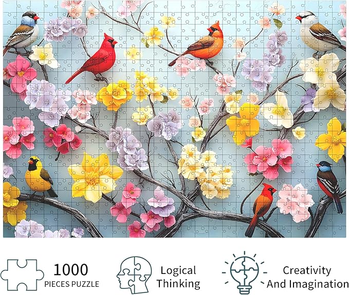 1000 Piece Puzzle for Adults, Bird Flower Puzzle, Impossible Jigsaw Puzzles 1000 Pieces for Home Decor (Flowerful Flock)