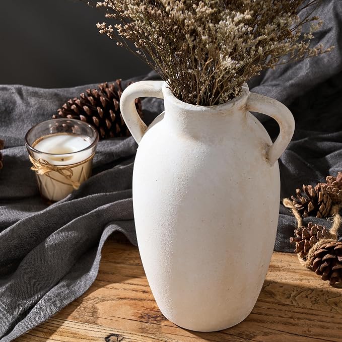 PORCER Ceramic Vase, 9.84 Inch Terracotta Vase with Handles, Boho Decor Decorative Vase, Rustic Vase for Home Decor, Farmhouse, Living Room, Table - Beige