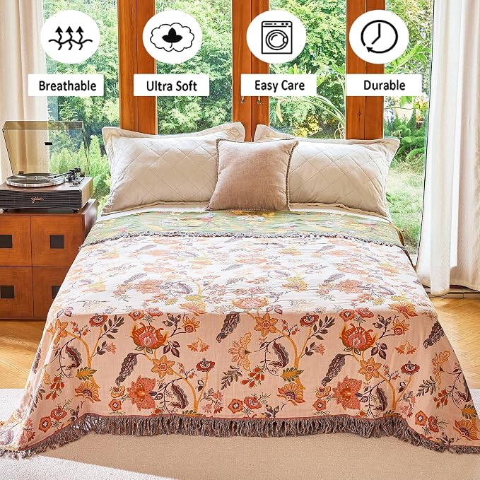 VANJOROY King Boho Throw Blanket 91" x 98", 100% Organic Cotton Breathable Skin-Friendly Ultra Soft Bed Quilt Throw - Floral Rustic Decor Luxury Reversible Blanket for Sofa Couch Chair and Gift