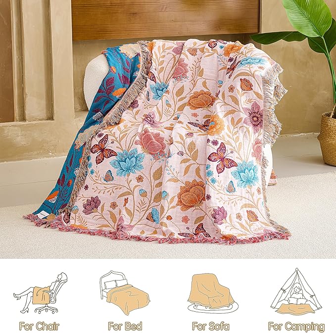 VANJOROY Boho Throw Blanket, 100% Organic Cotton Breathable Ultra Soft 50" x 60" Bed Quilt Throw - All Season Floral Rustic Farmhouse Decor Luxury Reversible Blanket for Sofa Couch Chair and Gift