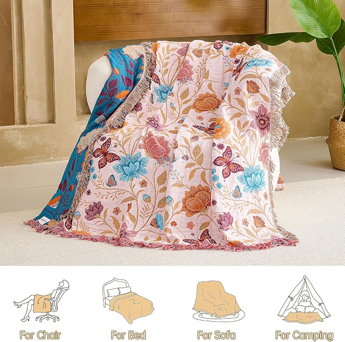 VANJOROY Boho Throw Blanket, 100% Organic Cotton Breathable Ultra Soft 60" x 80" Bed Quilt Throw - All Season Floral Rustic Farmhouse Decor Luxury Reversible Blanket for Sofa Couch Chair and Gift