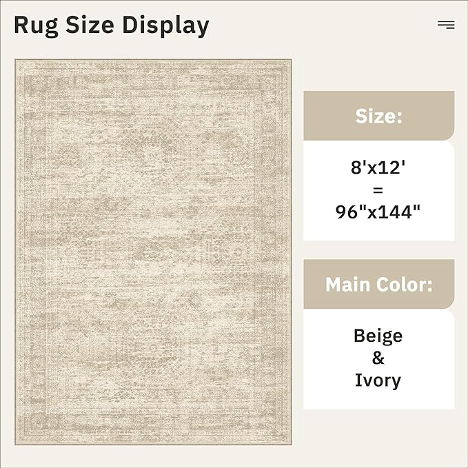 Soalmost Washable Area Rug 8x12 Large Soft Beige Rugs for Living Room | Vintage Non-Slip Carpet for Dining Bedroom, Stain Resistant Low Pile Foldable Lightweight Floor Mat Under Table Home Decor