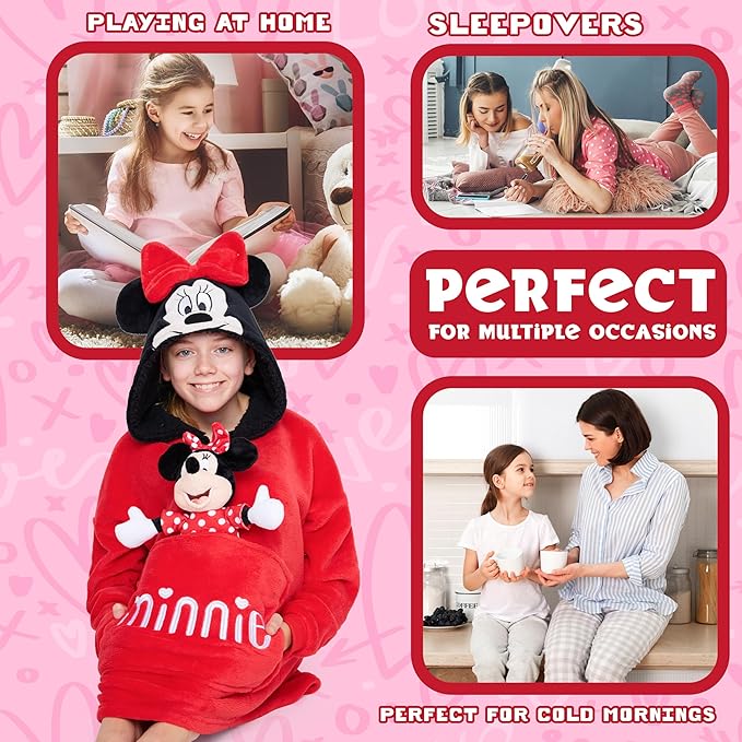 Disney Blanket Hoodie with Plushie and 3D Ears Wearable Comfy Oversized Sweatshirt Sherpa Fleece Blanket Gifts for Kids