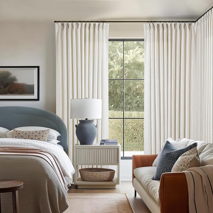 TWODRAPES 102 Inch Long Curtains Extra Wide 70 Inch Width Pinch Pleat Linen Curtains for Living Room Cream Light Filtering Privacy Pleated Hooks Rings Back Tab for Sliding Door 1 Panel