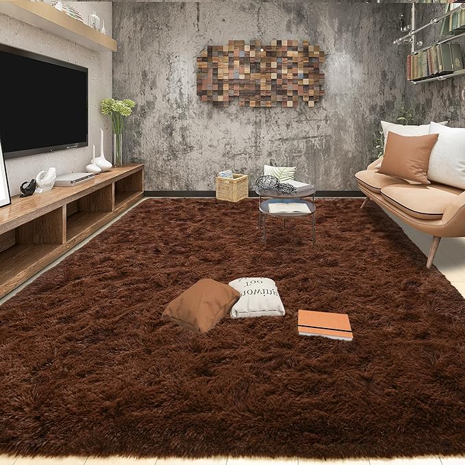 Tepook 9x12 Brown Area Rugs for Living Room Bedroom, Soft Fluffy Plush Shaggy Girls Boys Kids Room Rug, Shag Upgrade Non-Slip Throw Carpet for Dorms Nursery Classroom Home Decor