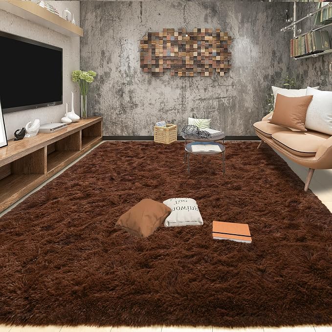 Tepook 5x8 Brown Area Rugs for Living Room Bedroom, Soft Fluffy Plush Shaggy Girls Boys Kids Room Rug, Shag Upgrade Non-Slip Throw Carpet for Dorms Nursery Classroom Home Decor