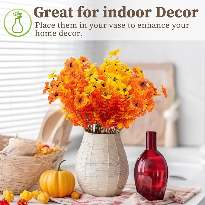 ColoPlay 16 Bundles Artificial Mums for Outdoors, Fake Flowers Fall Decor | Faux Mums for Outdoor Planters, Eucalyptus Leaves UV Resistant Fake Plants for Home Porch Box Wedding Farmhouse(Fall Red)