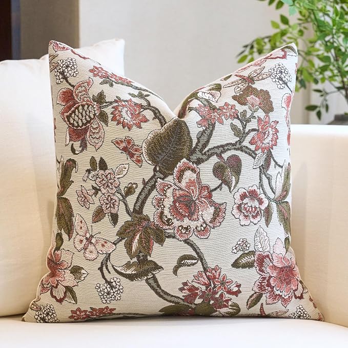 Neutral Floral Pillow Cover 18x18, Vintage Linen Square Pillow Cover Soft Decorative Farmhouse Accent Pillow Cases for Couch Bedroom Living Room Home Decor, Red