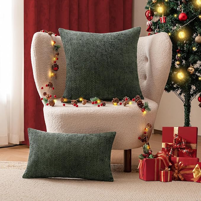 a moment Christmas Dark Green Chenille Throw Pillow Covers 22x22 Inch Pack of 2 Modern Decorative Throw Pillow Covers Farmhouse Cross Covers Home Decor for Sofa Bedroom Living Room