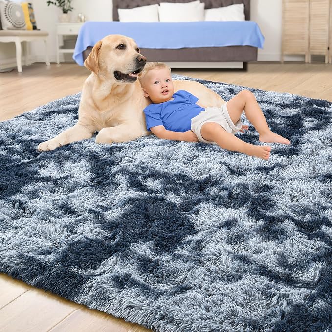 Tepook Soft Fluffy Rugs for Bedroom, 4x6 Area Rug for Living Room, Modern Shaggy Room Rug for Kids Boys Girls, Plush Throw Rugs Indoor Nursery Home Decor Rug with Non-Slip Bottom, Tie-dye Dark Blue