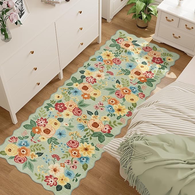 DUKINO 2x6 Runner Rug, Floral Washable Rug for Kitchen Non Slip, Green | Soft, Low Pile, Non-Shedding Long Runner Rugs for Kitchen, Entryway, Bedroom, Bathroom, Pet Friendly, Home Decor, Ultra-Thin