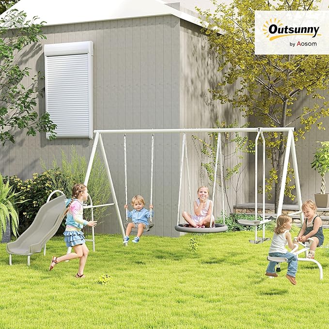 Outsunny Swing Set for Backyard, 5 in 1 Outdoor Playset for Kids with Heavy-Duty A-Frame Stand, 29.5" Saucer Swing, Slide, Teeter-Totter, Glider, 693 Lbs Load, Gray