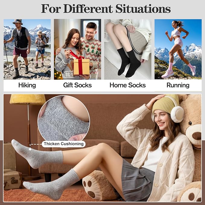 MOGGEI 5 Pairs Womens Merino Wool Socks Hiking Warm Winter Thick Thermal Crew Cozy Cabin Ladies Gift Comfy Boot Work Socks
