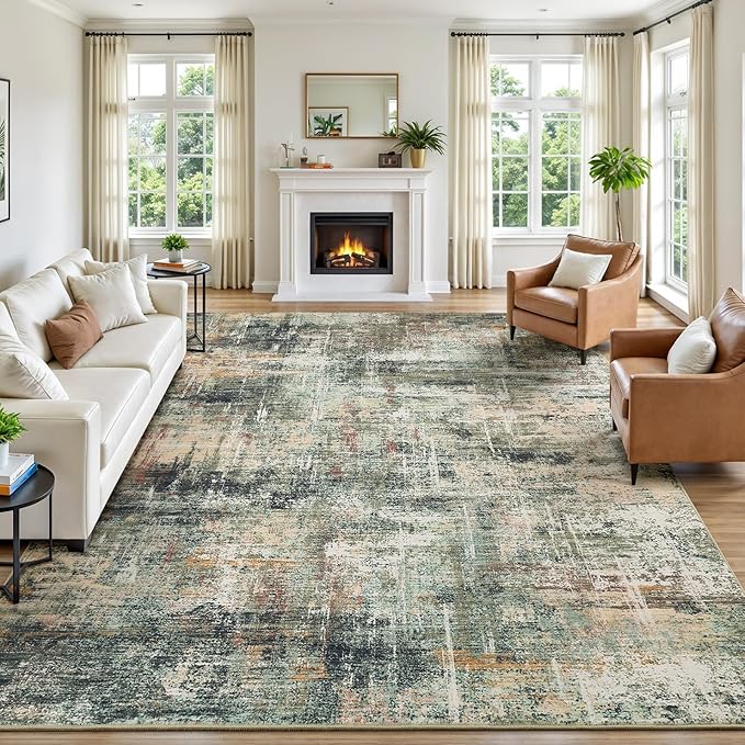 8x10 Area Rug for Living Room, Abstract Washable Large Rugs,Coffee/Green | Neutral Carpet for Bedroom, Dining Room, Home Office Nursery Indoor, Stain Resistant, Non-Slip, Low Pile, Modern Rug