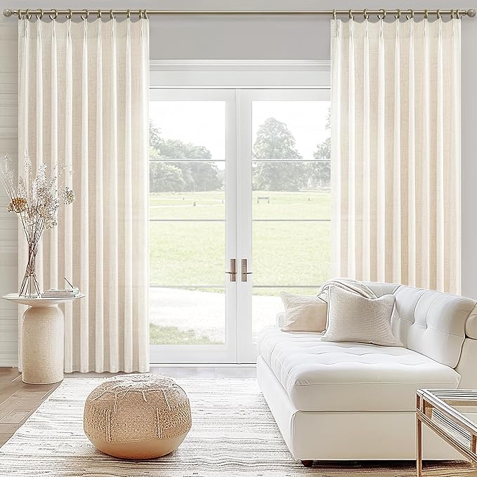 Cream Thick Linen 80 Inches Length Semi Sheer Curtains 2 Panels Set for Bedroom, Pinch Pleated Light Filtering Cottage Core Nursery Window Drapes 80 Inch Long Privacy Farmhouse Curtain with Back Tab