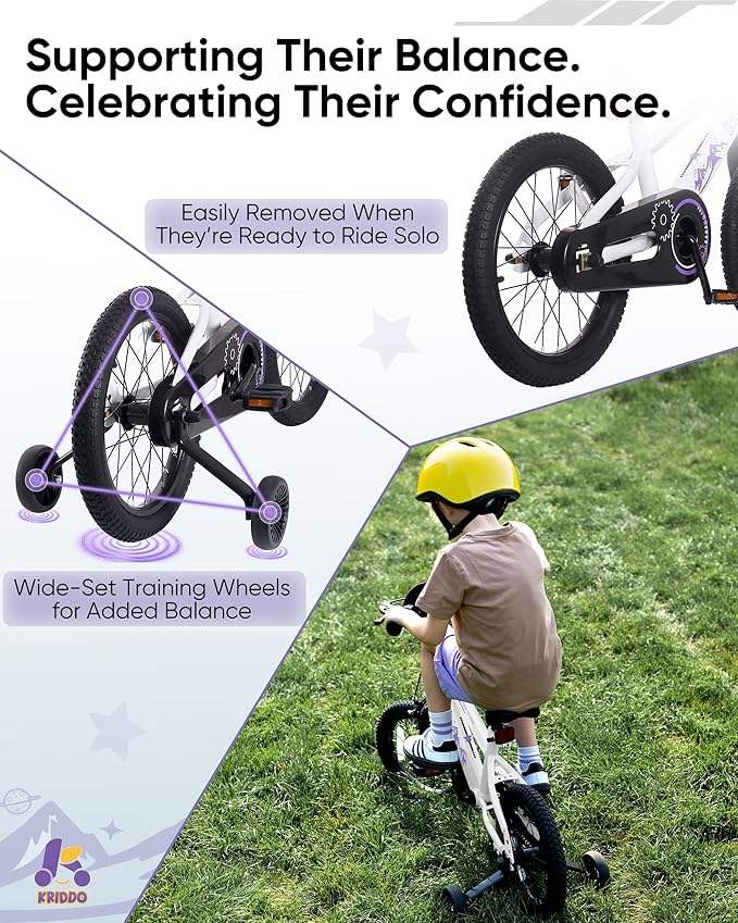 KRIDDO 14-16 Inch Kids Bike for Ages 3–8, Boys and Girls Bicycle with Removable Training Wheels, Bicycle for Kids with Hand Brake & Coaster Brake, Adjustable Height, DIY Name Plate