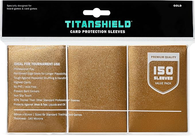 TitanShield Premium Card Sleeves | Compatible with Pokemon, One Piece, Lorcana, Flesh & Blood, & Magic The Gathering MTG | (150 Sleeves - Standard) (1, Gold, Standard | 66x91mm)