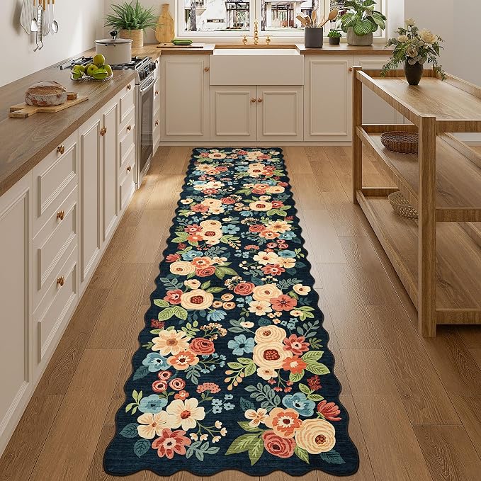 DUKINO 2.6x10 Runner Rug for Hallway, Washable Rug Non Slip, Navy Blue | Non Slip, Low Pile, Soft, Floral Indoor Throw Rug Runner for Entryway, Bedroom, Bathroom, Laundry, Pet Friendly, Home Decor