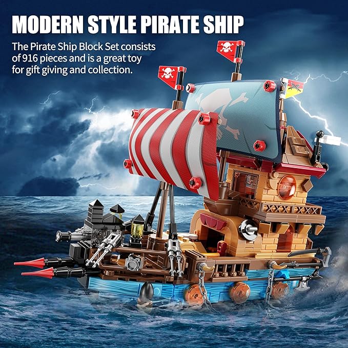 Pirate Ship Building Kit (916 Pcs) with LED Lights - Standard Brick - Compatible Creative Pirate Toy Model - Ideal Gift for Kids, Teens, Adults & Boys Ages 8-12 (Birthday/Christmas/Party)