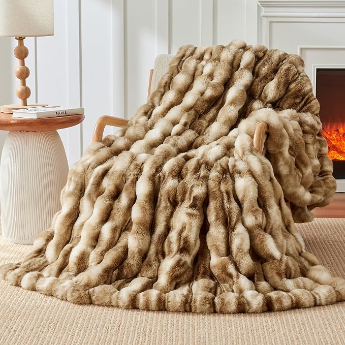 Luxury 1000GSM Rabbit Faux Fur Blanket, Super Warm Cozy Brown Blankets for Couch Bed Sofa, Ruched Plush Fuzzy Elegant Soft Reversible Mink Blanket Living Room Bedroom, 50" x 60",Leopard Brown