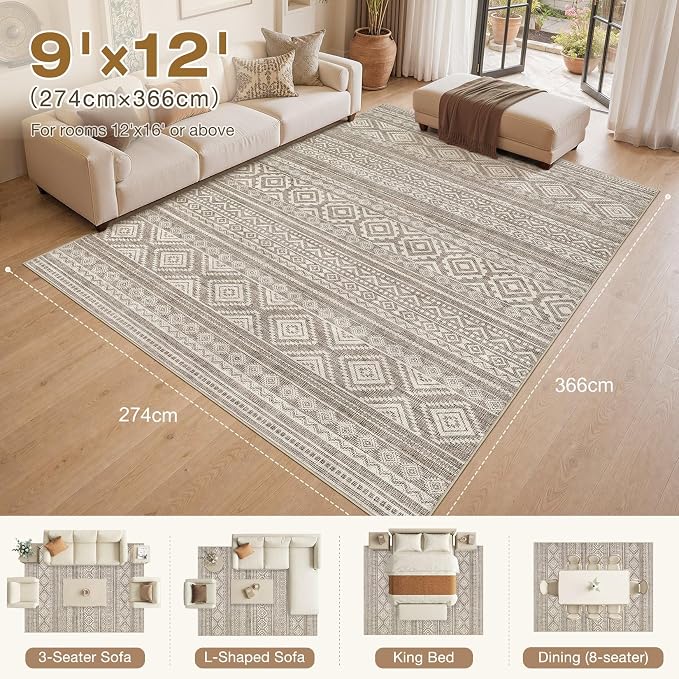 cotiled 9x12 Area Rugs Living Room Rug: Washable Boho Rugs with Non Slip Backing Large Soft Indoor Stain Resistant Carpet for Bedroom Farmhouse Dining Room Lightweight Home Decor Coffee Brown