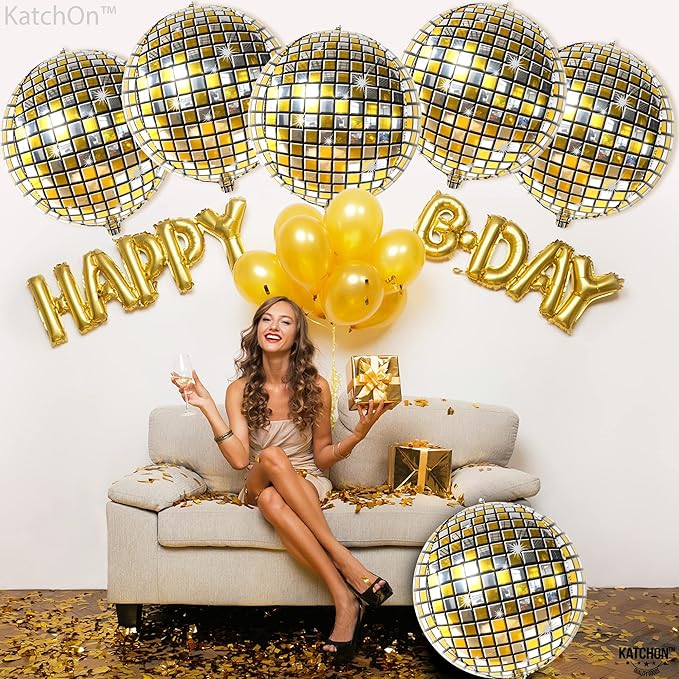 KatchOn, Gold and Silver Disco Ball Balloons - Big 22 Inch, Pack of 6 | 4D Sphere Balloons, Disco Party Decorations | 70s Party Disco Ball Decoration, Graduation Decorations 2026, Engagement Wedding