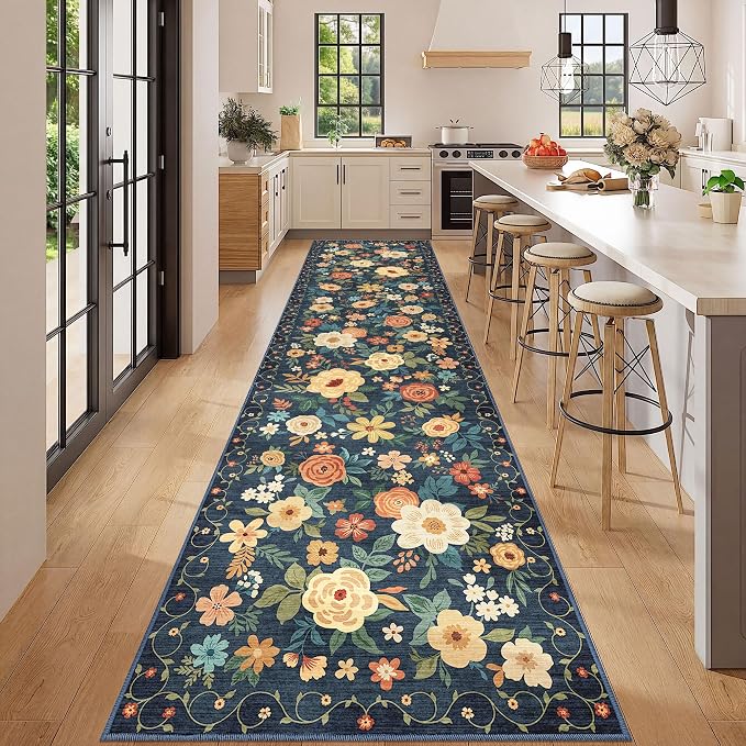 DUKINO 3x12 Washable Runner Rug Long Hallway Runner Rug Non Slip Navy Blue | Soft, Low Pile, Floral Indoor Runner Rug for Kitchen, Entryway, Bedroom, Bathroom, Laundry, Modern Home Decor, Non-Shedding