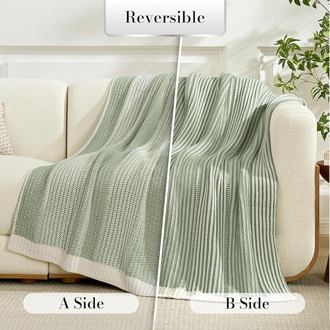 Amélie Home Premium Chenille Throw Blanket, Soft Cozy Luxury Two-Tone Knit Blanket for Couch, Sofa, Chair, Home Decor, Sage Green & Ivory 50"x60"
