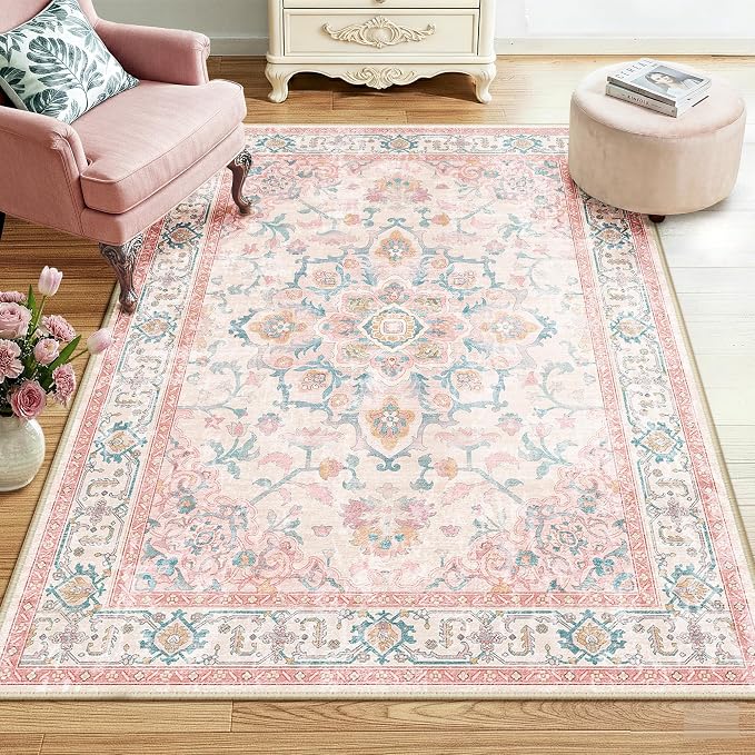 CAPALOCA 4x6 Washable Nursery Girls Low Pile Area Rug Pink Teal | Non-Slip Soft Rugs for Bedroom Kids Playroom Living Room, Print Pattern Water Repellent Carpet Indoor Decor