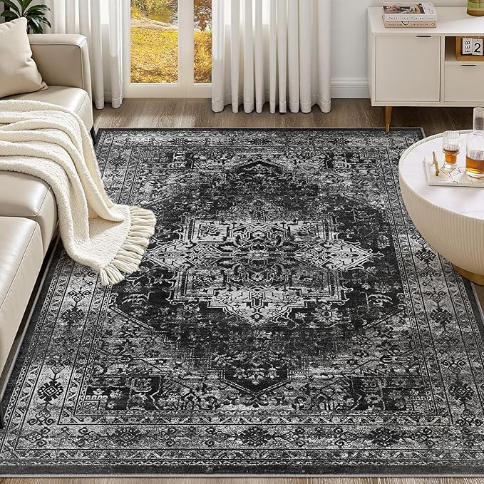 UERMEI 9x12 Area Rug Living Room Rugs - Washable Vintage Soft Large Rug Indoor Floor No Slip Rug Carpet for Bedroom Farmhouse Under Dining Table Home Office Decor - Black