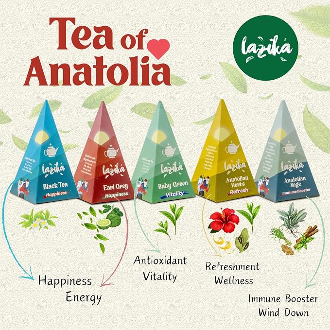 Lazika Tea Sampler with Premium Presentation Box, 20 Counts, 4 of Each Blend Individually Wrapped, Black, Green and Herbal Tea Variety Gift Set, Collection with Pyramid Infuser Bag