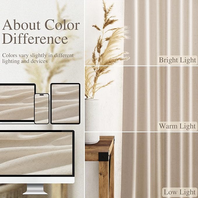 Nanspring Living Room Curtains 63 Inch Length Linen Cream Beige Luxury Light Filtering Semi Sheer Curtain Back Tab Modern Farmhouse Decor Elegant Coastal Drapes for Bedroom Office 52x63, 2 Panels
