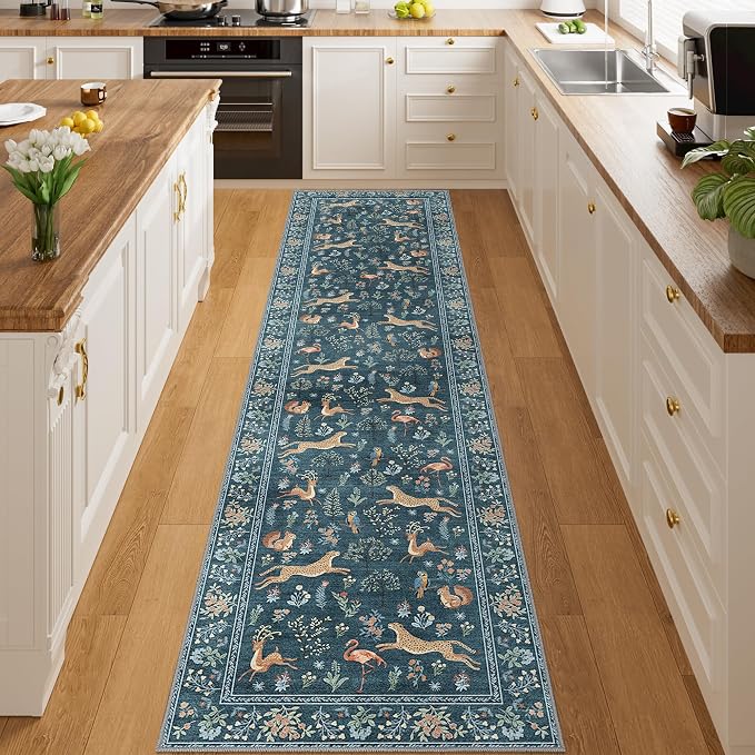 DUKINO 2x8 Washable Runner Rug, Non Slip Animal Kitchen Runner Rug, Blue | Soft, Low Pile, Non-Shedding Indoor Carpet Runner for Hallway, Entryway, Bedroom, Bathroom, Pet Friendly, Stain Resistant