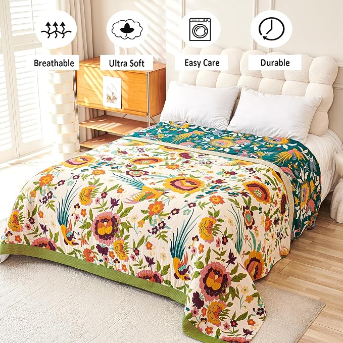 VANJOROY Boho Throw Blanket, 100% Organic Cotton Breathable Ultra Soft 91" x 98" Bed Quilt Throw - All Season Floral Rustic Farmhouse Decor Luxury Reversible Blanket for Sofa Couch Chair and Gift
