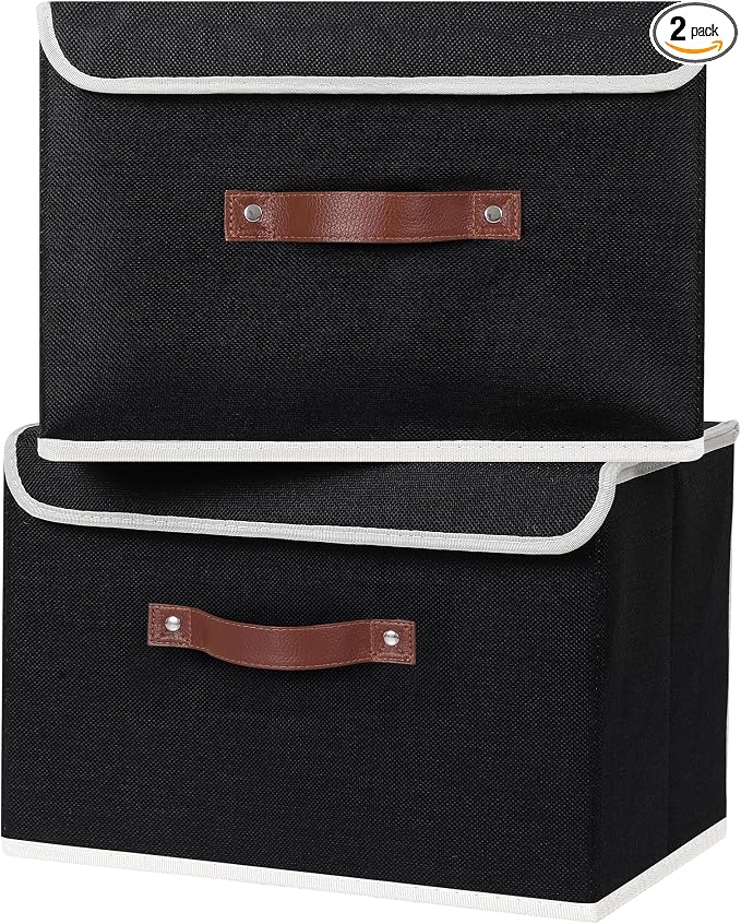 ANMINY Fabric Storage Box Bins with Lids, Black, 15"x10"x10", 2 Pack | Keepsake Memory Storage, Cotton Linen, PP Board Reinforced, Washable, PU Handles, Foldable & Stackable, Decorative, Large