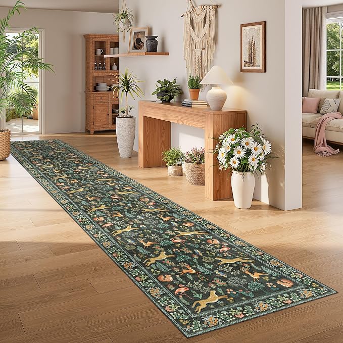 DUKINO 3x16 Hallway Runner Rug, Washable Animal Rug for Kitchen, Black | Non Slip, Low Pile, Soft Thin Indoor Carpet Runner for Entryway, Bedroom, Bathroom, Laundry, Pet Friendly, Non-Shedding