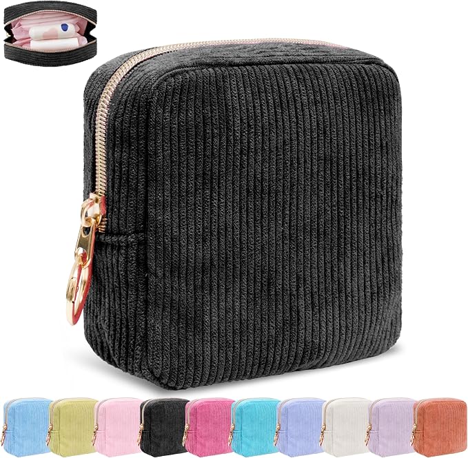 Period Bag for Girls, Corduroy Period Kit with Sanitary Pad Pouch, Menstrual Storage Bag and Tampon Holder for Purse, Girls School Essentials,Feminine Care Organizer(Black)