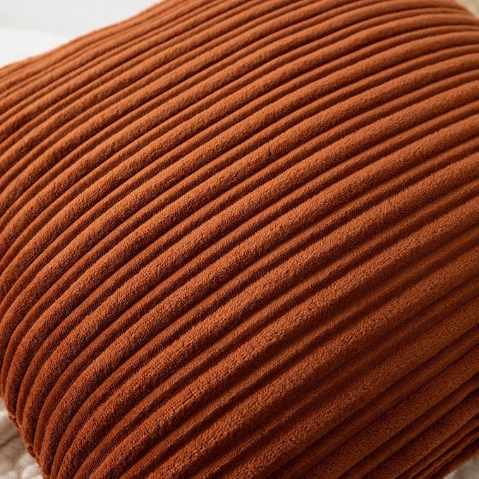 UGASA Fall Velvet 26x26 Inch Soft Throw Pillow Cover Decorative Corduroy Striped Both Sides Solid Square Cushion Case Boho Farmhouse for Couch Bedroom Sofa Home, 1 Piece, Burnt Orange