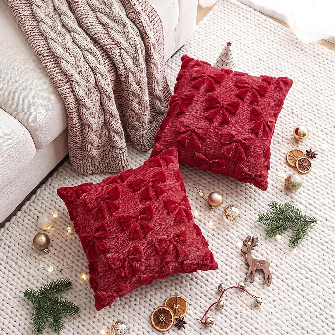 Mixweer Burgundy Bow Pillow Covers Set of 2 Preppy Room Decor Coquette Cute Spring Summer Decorative Faux Fur Soft Bowknot Stuff Fluffy Plush Aesthetic Pillowcase for Bed Sofa Couch (18 x 18 Inch)