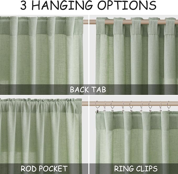 Nanspring Mist Sage Linen Curtains 102 Inches Long Rod Pocket Back Tab Drapes 2 Panels Set for Living Room Bedroom Light Filtering Semi Sheer Mist Sage Curtain 102 Length for Patio Door 52x102