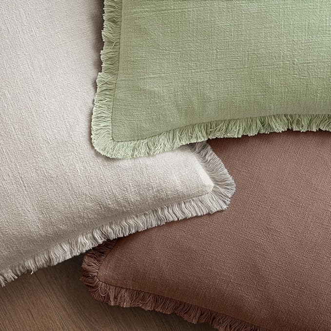 MIULEE Linen Fringe Decorative Fall Euro Pillow Covers Dark Coffee 22x22 | Set of 2, Cottagecore Decor, Boho Farmhouse Neutral Throw Pillow Covers, Rustic Fall Couch Cushions for Sofa Bed Living Room
