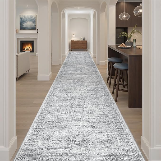 Soalmost Washable Hallway Runner Rug 3x20 Kitchen Entry Rugs Non-Slip, Grey | Vintage Extra Long Runners 20ft for Bathroom Entryway, Foldable Low-Pile Wide Floor Carpet for Corridor Living Room Bedroom