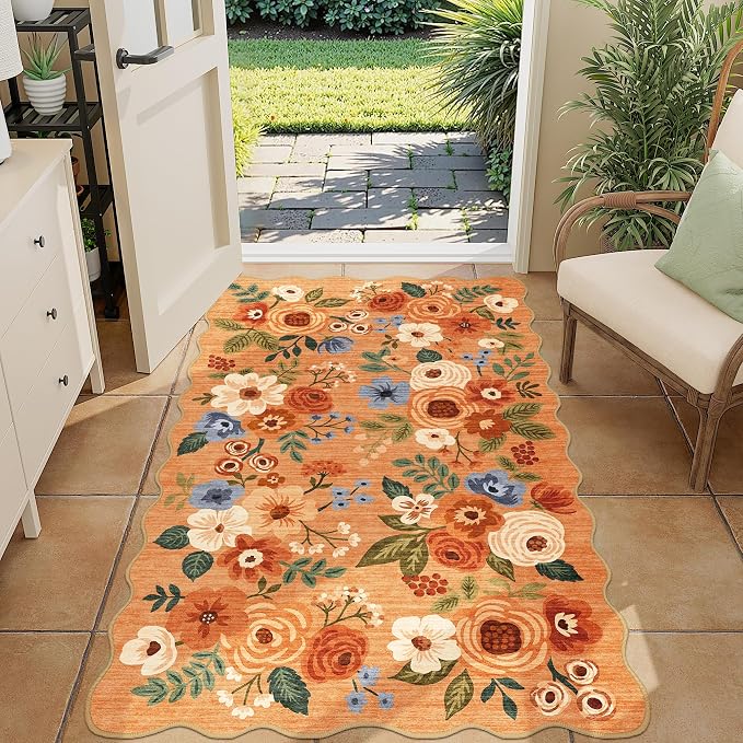 DUKINO 3x5 Area Rugs, Non Slip Floral Washable Rug for Bedroom, Orange | Soft, Low Pile, Non-Shedding Throw Rugs for Living Room, Entryway, Kitchen, Kids Room, Pet Friendly, Home Decor, Lightweight