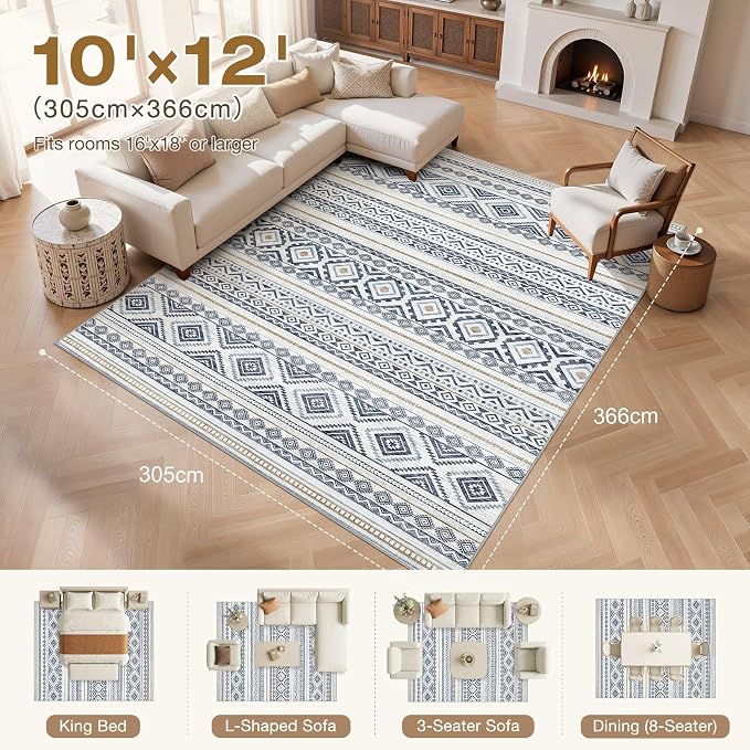 cotiled 10x12 Area Rugs Living Room Rug: Washable Boho Rugs with Non Slip Backing Large Soft Indoor Stain Resistant Carpet for Bedroom Farmhouse Dining Room Lightweight Home Decor Blue