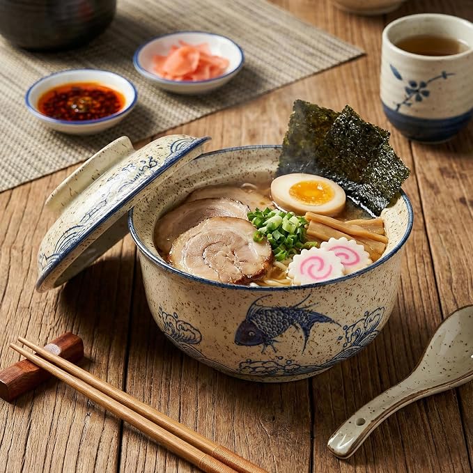 Ramen Bowl, DV 25 OZ Microwavable Japanese Korean Ramen Soup Bowl with Lid, Blue Fish and Wave Design