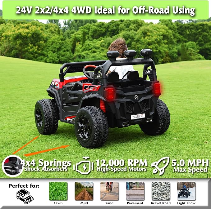 sopbost 24V Kids Ride On Car with Remote Control Battery Powered 4 Wheeler 2x2/4x4 Motorized Ride On UTV Ride On Toys for Boys Girls, EVA Tires Wheels, Red