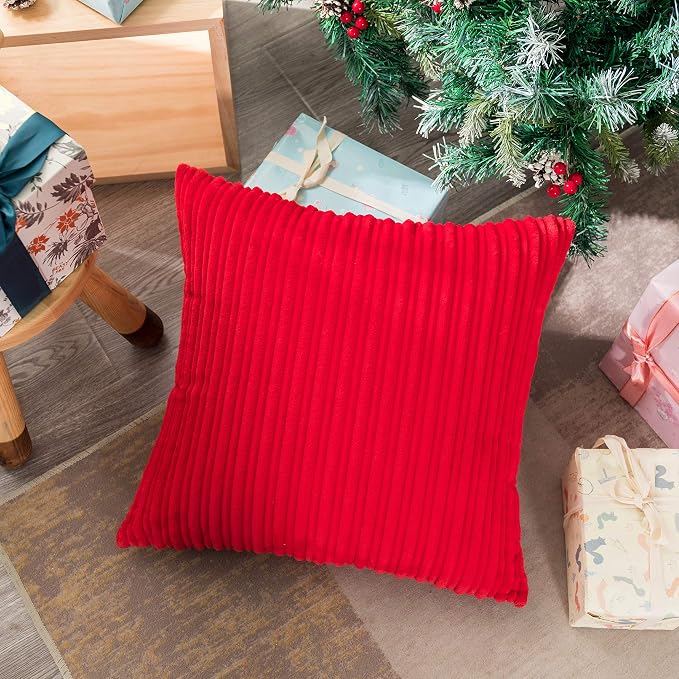 UGASA Nordic Solid Striped Velvet Pillow Covers Christmas Decor Simple Modern Sofa Cushion Cover Bed Velvet Square Pillowcase, 2 Pc, 20"x20",Red