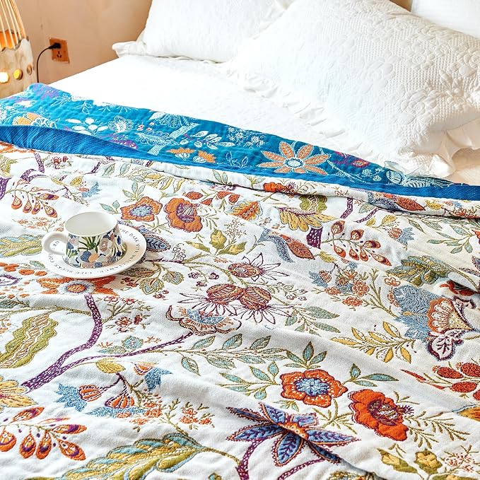 VANJOROY Boho Throw Blanket, 100% Organic Cotton Breathable Skin-Friendly Ultra Soft Bed Quilt Throw - All Season Floral Farmhouse Décor Luxury Blanket for Sofa Couch Chair and Gift. 91" x 98"