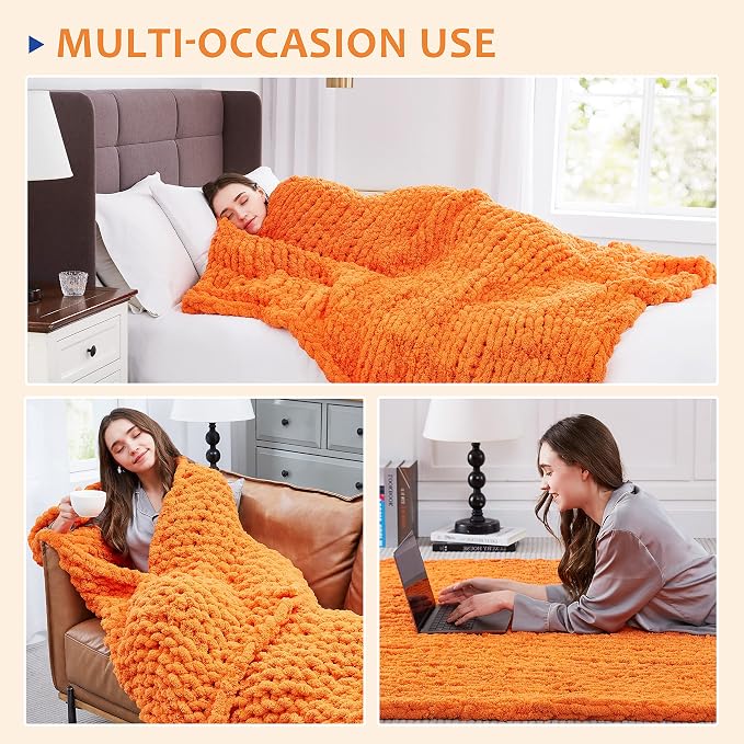 L'AGRATY Chunky Knit Throw Blanket for Couch 80'' x 90'' Knit Throw, Orange | Handmade Chenille Crochet Blanket for Sofa Bed, Thick Cable Knitted Blankets for Room Home Decor, Birthday Gift for Women Mom